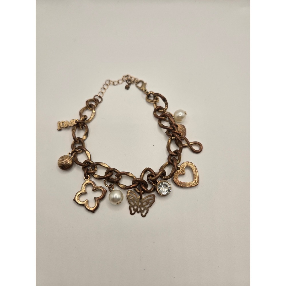 Bronze Tone Multi Charm Bracelet Butterfly Heart Faux Pearl Crystal Adjustable